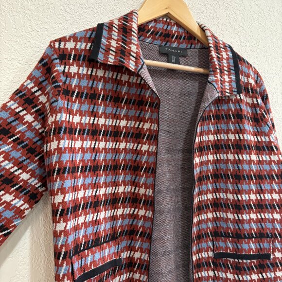 Tahari Knit Jacket Blazer – Red Blue Black Houndstooth Pattern, Size Small - Picture 2 of 10